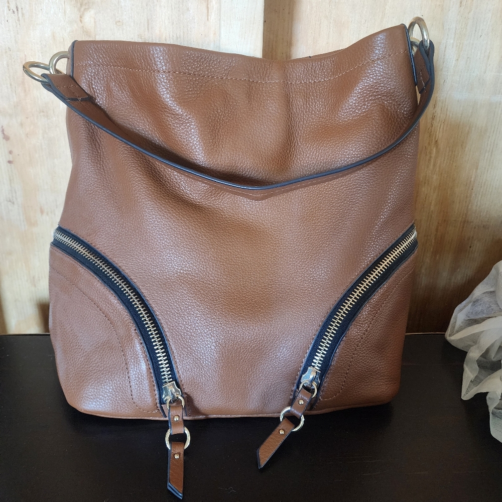 Brown Leather Crossbody Bag with Zipper Accents